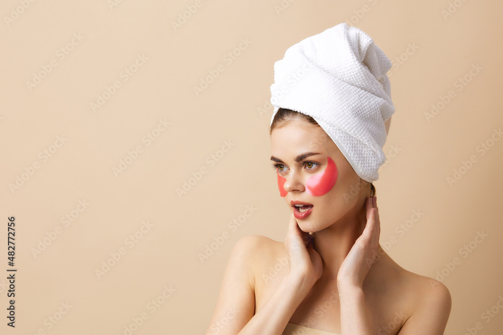 beautiful woman pink patches clean skin smile posing close-up Lifestyle beautiful woman pink patches clean skin smile posing close-up Lifestyle
