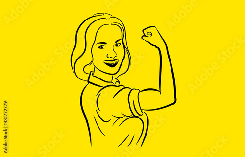  line drawing of strong woman showing strong arm on yellow background.vector illustration woman day.