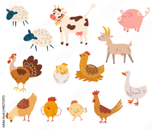 Farm animals. Chickens  rooster  pig  cow  goat  sheep  goose and turkey. Vector cartoon illustration isolated on the white background.