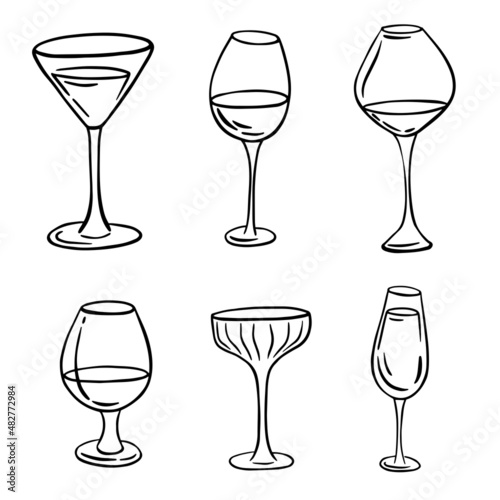 Different glasses hand draw line art. Wine, champagne, cognac and other drinks. Beverage icons for restaurant, menus and printing. Vector cartoon illustration isolated on the white background.
