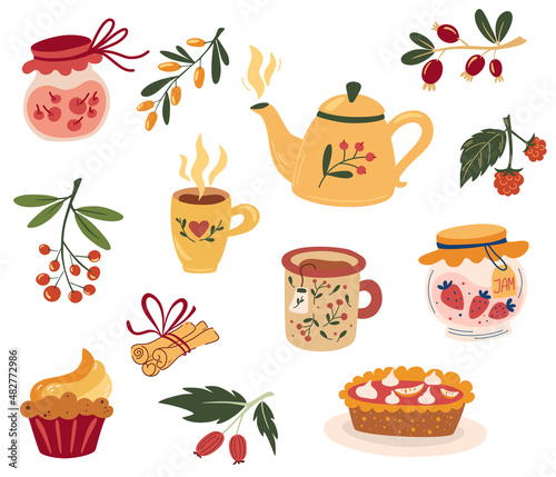 Tea time cute set. Teapot, cups, jam, berries, cinnamon, muffin and pie. Hot drinks. Home comfort. Cozy autumn collection. Vector cartoon illustration isolated on the white background.