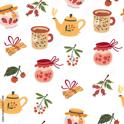 Cozy Tea seamless pattern. Teapot, cups, jam, berries, cinnamon. Hot drinks background. Cute beverages kitchen texture, textile design. Autumn or winter holidays. Vector cartoon illustration