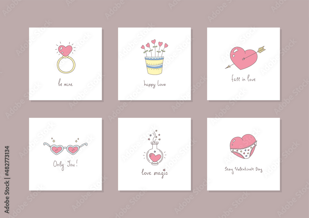 Set of 6 romantic cards. Funny doodle illustrations with hand writing wishing text isolated on a white background. Valentine's Day templates. Vector 10 EPS.
