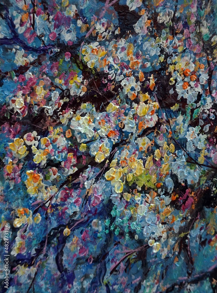Naklejka premium hand painted original impressionism art oil painting cherry blossom flower vegetation natural beauty , wildflower , pollen , stamen
