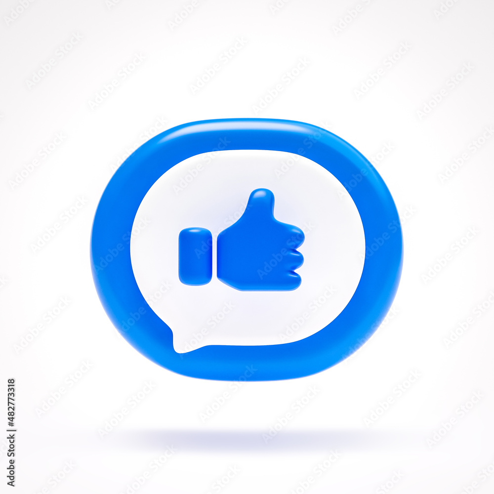 Like or thumb up icon good sign or symbol button on blue speech bubble on white background 3D rendering