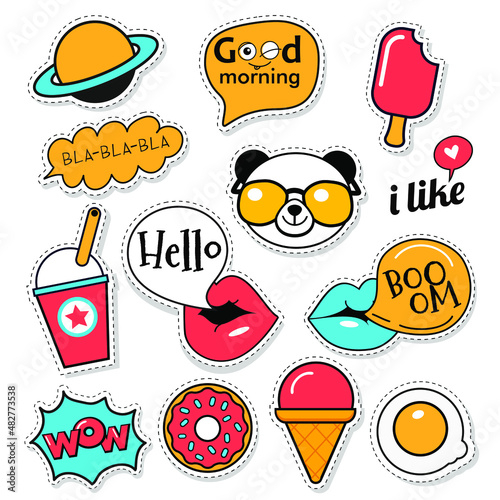 set of comic style vector stickers,  trendy color patches, labels and pins