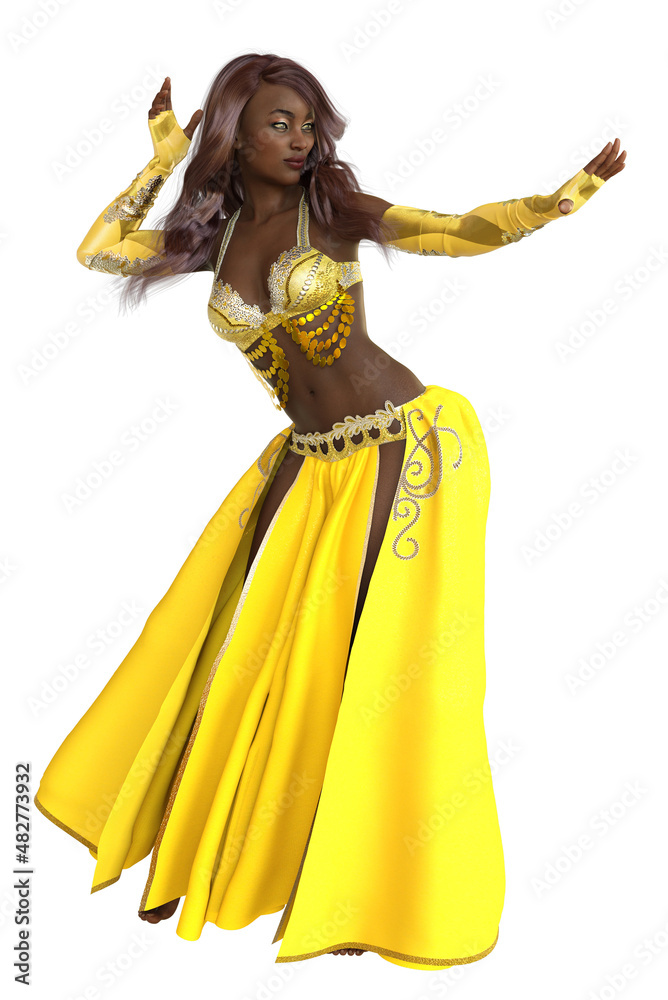Fototapeta premium 3D Belly dancer black skinned girl in yellow outfit