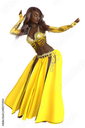 3D Belly dancer black skinned girl in yellow outfit