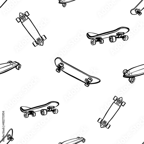 Seamless pattern with 4 doodle skateboards. Background for teen boys and girls with skateboard or longboard. Outline drawing icon sketch in minimal style.