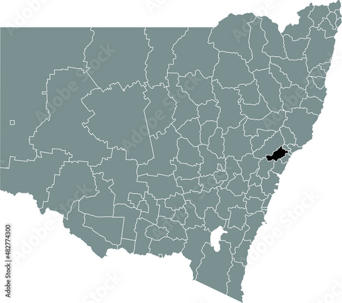 Black flat blank highlighted location map of the CITY OF CESSNOCK AREA inside gray administrative map of districts of Australian state of New South Wales, Australia