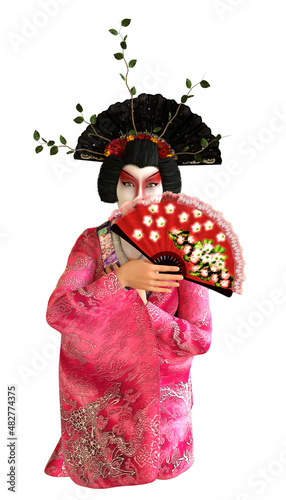 3D Geisha in pink kimono with fan