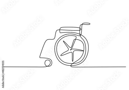 Continuous one single line of wheelchair for disabled man isolated on white background.