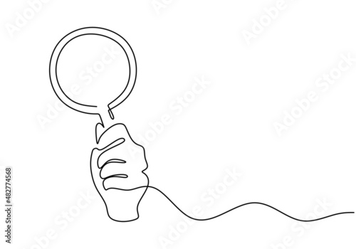 Continuous one single line of hand holding magnifying glass isolated on white background.