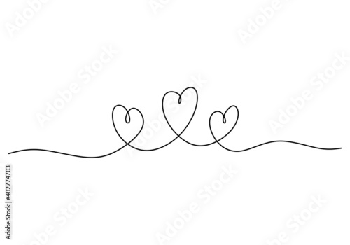 Continuous one single line of three love heart symbols isolated on white background.