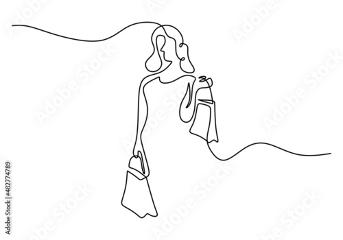 Continuous one single line of girl bring shopping bag isolated on white background.