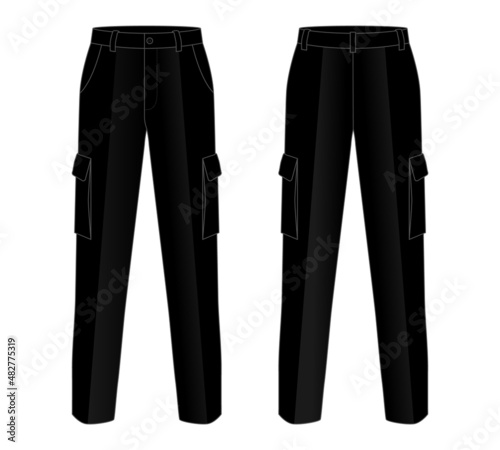 Black Factory Uniform Pants Template on White Background. Front and Back Views, Vector File.