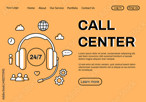 Call center landing page. Customer support concept. Hotline web banner. Vector stock illustration in line art