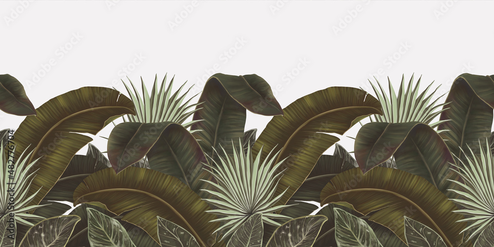 Fototapeta premium Exotic tropical pattern, seamless border. Tropical leaves wallpaper. Green palm leaves, banana, jungle background. Hand drawn 3d illustration. Design for wallpapers, websites, blogs, products