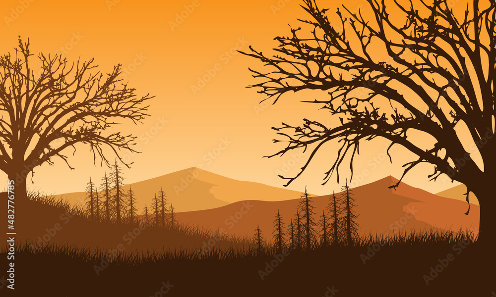 Aesthetic silhouette of mountains with dry trees of the village at dusk