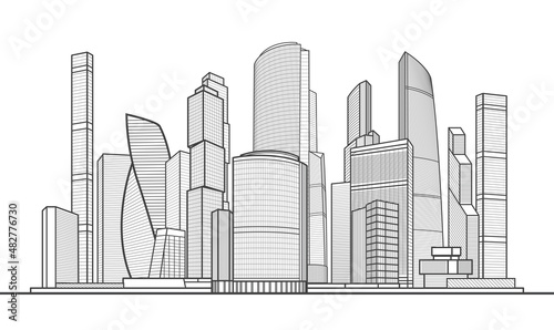 Modern town. Urban city complex. Business center. Infrastructure outlines illustration. Black outlines on white background. Vector design art 