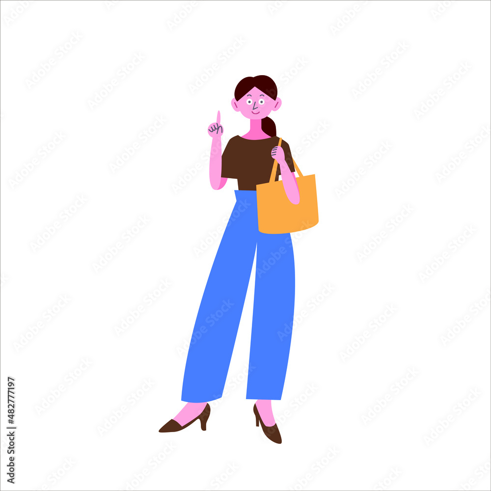 指を刺しながら手提げカバンを持つ女性 全身姿 指を刺しながら手提げカバンを持つ女性 全身姿