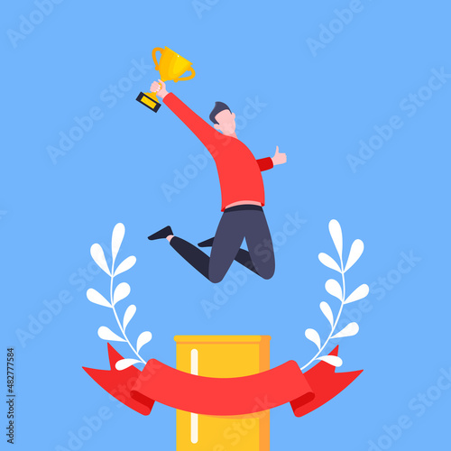 Best worker employee winner with trophy cup inside award ribbon and floral wreath flat style design vector illustration. Employee of the month, talent award, best worker competition prize.