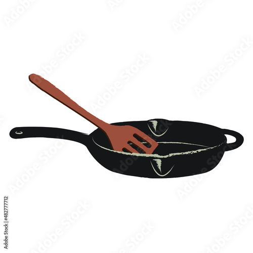 Frying pan and spatula vector illustration