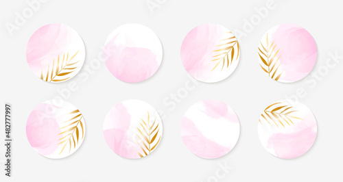 Vector highlight story cover icons for instagram. Abstract circle luxury backgrounds with golden leaves and pink watercolor spots