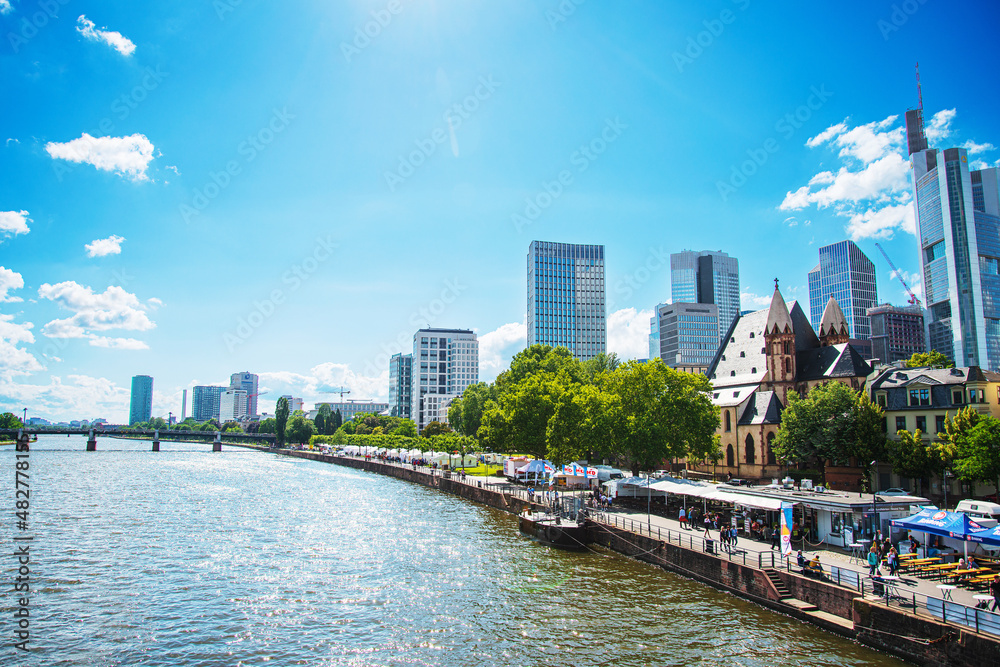 Frankfurt, Germany - June 12, 2019: River view of Frankfurt am Main, Germany