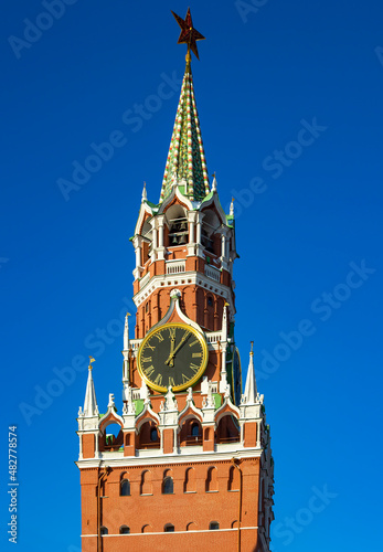 Spasskaya Tower of Moscow Kremlin. The Spasskaya Tower is the main tower with a through-passage on the eastern wall of the Moscow Kremlin, which overlooks the Red Square.