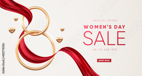 Elegant 8 March banner with golden 3d number and red ribbon. Vector illustration.
