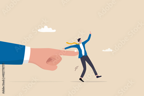 Nudge theory, reminder or guidance to encourage people to make decision or improve behavior, effective way for personal improvement concept, boss finger nudge businessman employee. photo