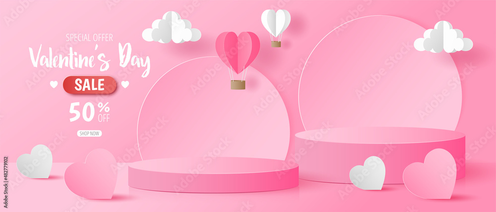 Paper cut of Valentine's Day background with pink cylinder podium and pink heart for products display presentation, poster, banner