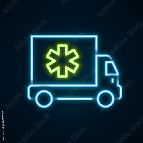 Glowing neon line Ambulance and emergency car icon isolated on black background. Ambulance vehicle medical evacuation. Colorful outline concept. Vector