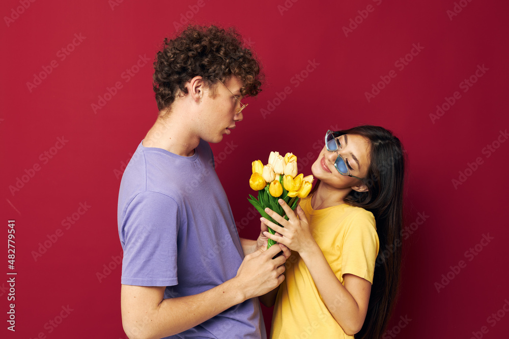 teenagers a bouquet of yellow flowers based friendship isolated background unaltered teenagers a bouquet of yellow flowers based friendship isolated background unaltered