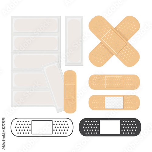 Seth plasters. A band-aid is a thin cloth strip on which an adhesive mass is applied, used for medical purposes. Vector illustration isolated on a white background for design and web.