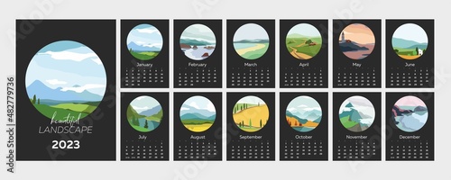 Wall vertical calendar for 2023, the week starts on Sunday. Template A4 calendar set of month with abstract season landscapes, nature, views outside. Contemporary scenery posters. Vector illustration