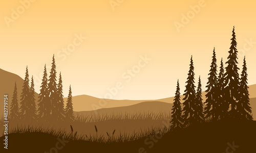 Realistic mountain view from outside the village with silhouettes of pine trees around it