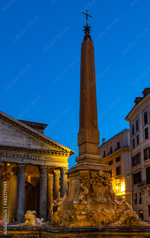 Pantheon Fountain and Macuteo Egyptian obelisk in front of Pantheon ancient Roman temple at Piazza della Rotonda in Rome city center in Italy