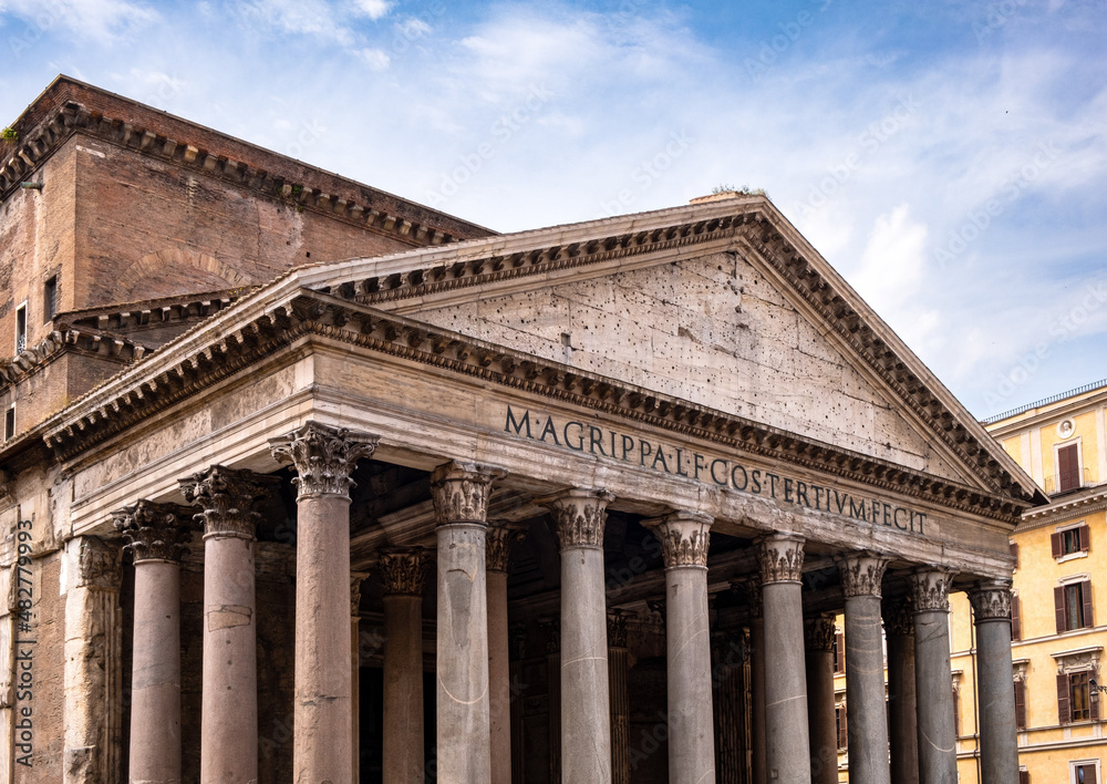 Pantheon ancient Roman temple by emperor Agrippa presently Basilica of St. Mary and the Martyrs at Piazza della Rotonda in historic city center of Rome in Italy