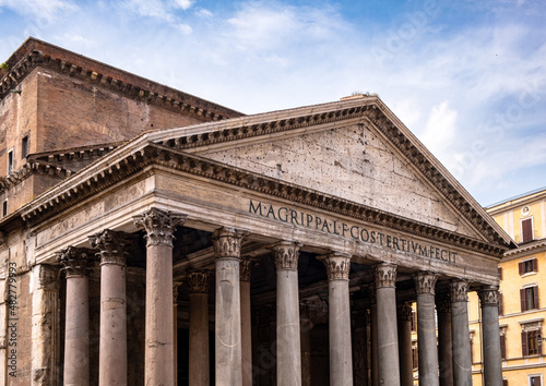 Pantheon ancient Roman temple by emperor Agrippa presently Basilica of St. Mary and the Martyrs at Piazza della Rotonda in historic city center of Rome in Italy