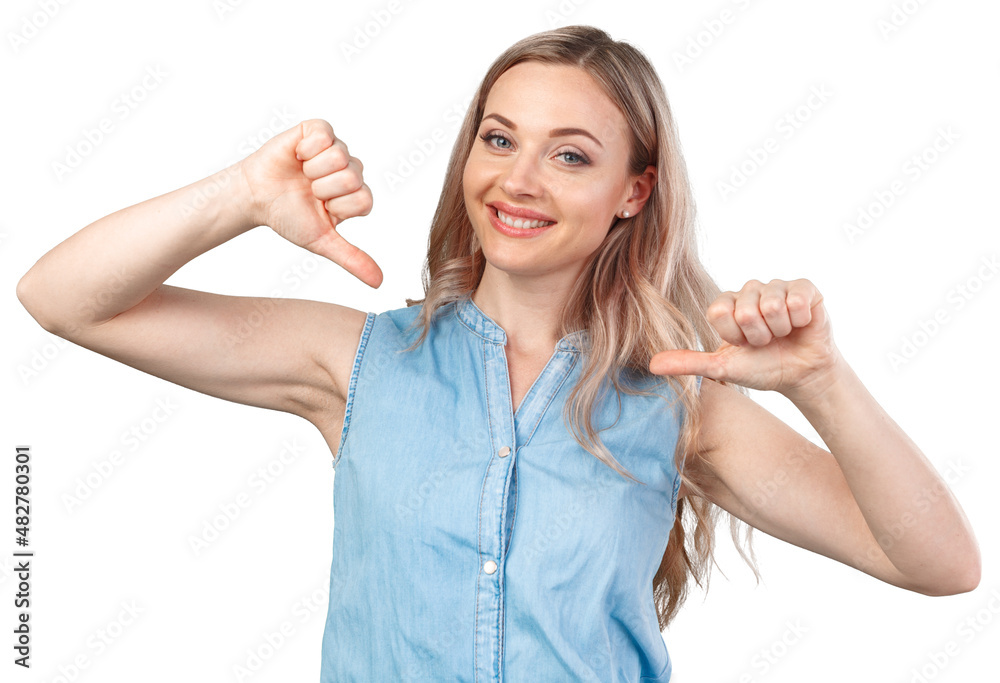 Happy joyful woman pointing fingers at herself isolated on white Happy joyful woman pointing fingers at herself isolated on white
