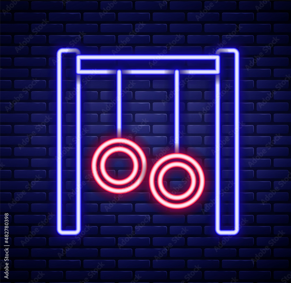 Glowing neon line Gymnastic rings icon isolated on brick wall background. Playground equipment with hanging rope with rings. Colorful outline concept. Vector