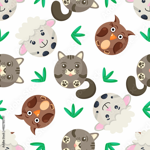 Fototapeta Naklejka Na Ścianę i Meble -  Seamless vector pattern of sheep, cat, owl. Round sheep, cat, owl on background