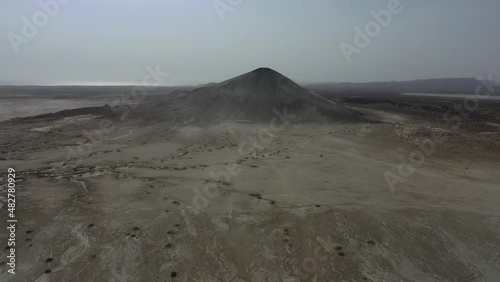 Aerial View Over Dry Arid Landscape Towards Mud Volcano At Hingol National Park . Dolly Forward photo