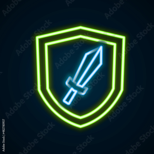 Glowing neon line Sword for game icon isolated on black background. Colorful outline concept. Vector