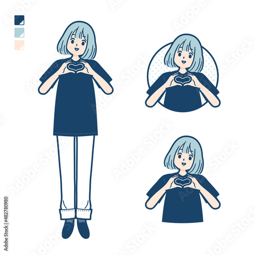 ビッグサイズTシャツを着た女性が手でハートマークを作っているイラスト