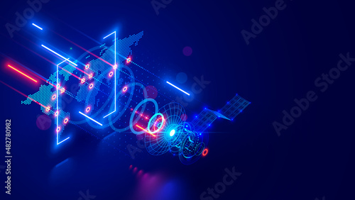 Satellite network in space concept. Wireless internet satellite technology, communication. Global telecommunications abstract tech illustration. artificial satellite earth data transfer on world map.