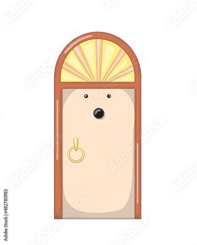 Nice cartoon closed door that looks like a kind funny character or a hedgehog. Fairy-tale toy house. Hand drawn vector illustration. Children's picture for the development of imagination and fantasy.