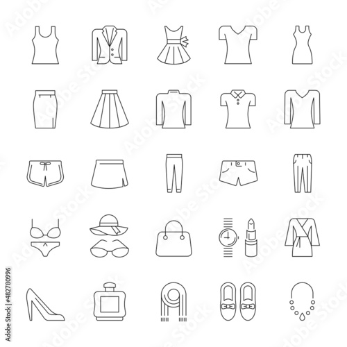 A set of line icons, women’s clothing, personal accessories, icons, vector illustration. 